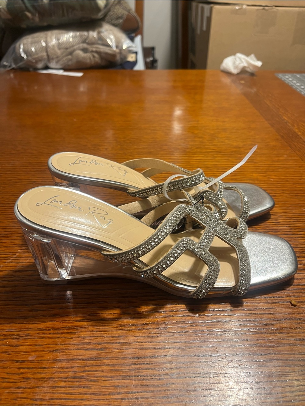 London Rag Crystal-Strap Silver Block Heel Sandals by (unbranded)